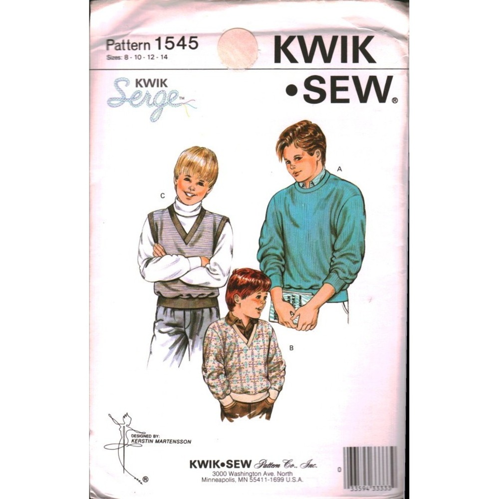 Kwik Sew 1545 Boys Sweater Vest Pattern Kerstin Martensson Sizes 8-14 Vintage